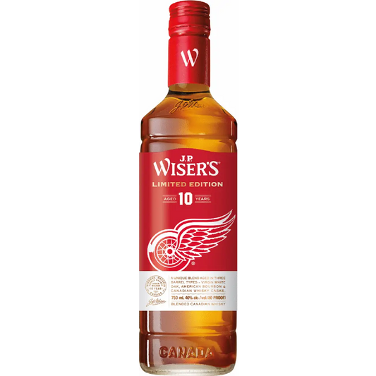 J.P. Wiser's Limited Edition 10-year-old whisky bottle with red label on a white background