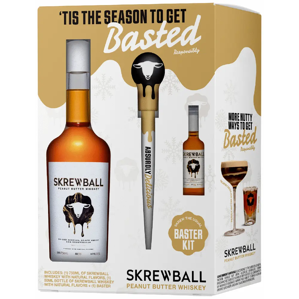 Skrewball Peanut Butter Whiskey baster kit packaging with bottle and baster on a white background