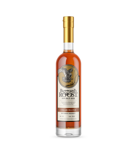 Bottle of Buzza's Roost Cigar Blend whiskey on a white background
