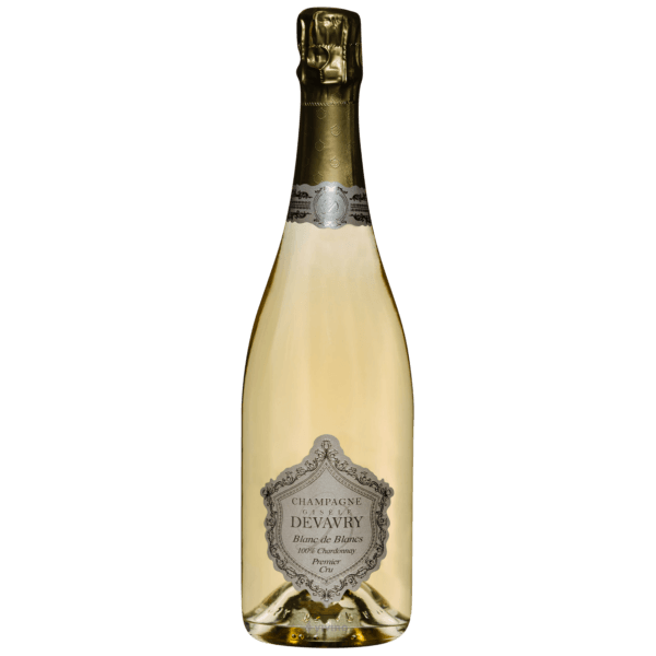Bottle of champagne with a visible label on a clear background
