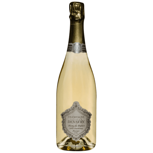 Bottle of champagne with a visible label on a clear background