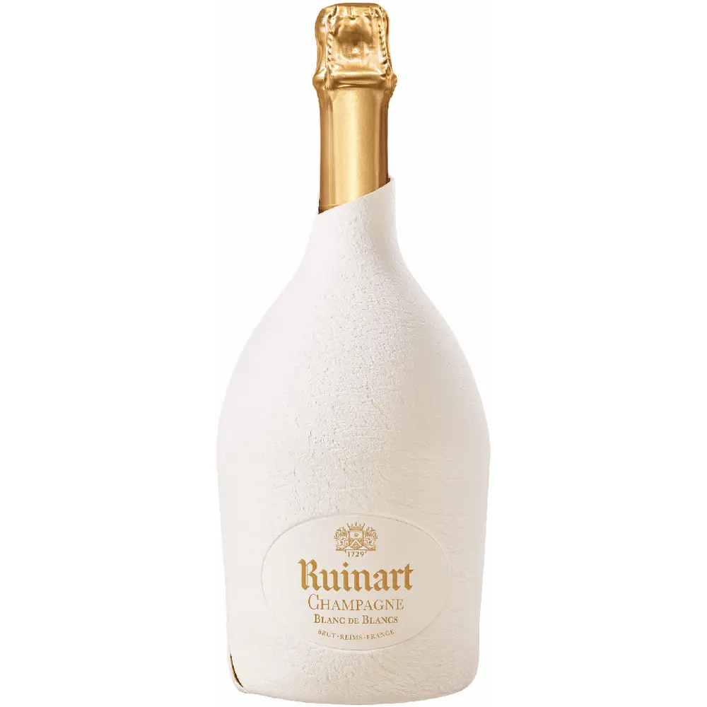Bottle of Ruinart champagne with a white body and gold cap on a white background