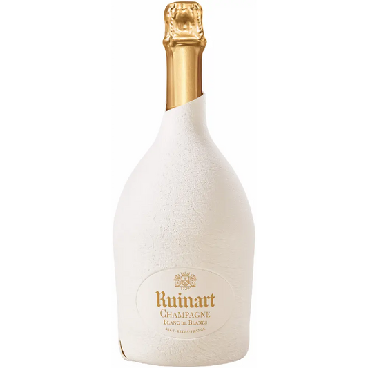 Bottle of Ruinart champagne with a white body and gold cap on a white background