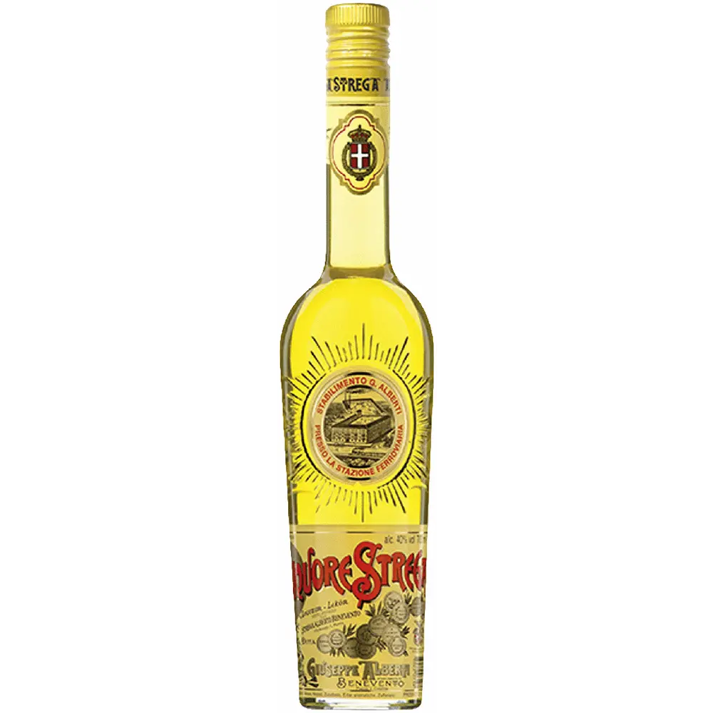 Bottle of alcohol with a yellow label on a white background