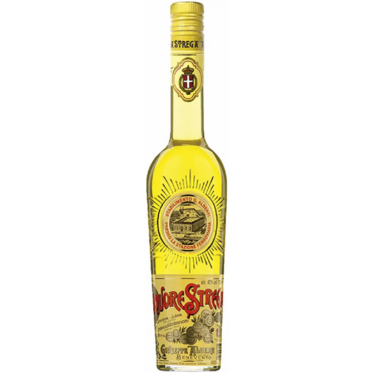 Bottle of alcohol with a yellow label on a white background