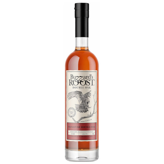 Bottle of Buzzard's Roost Double Oak whiskey on a white background