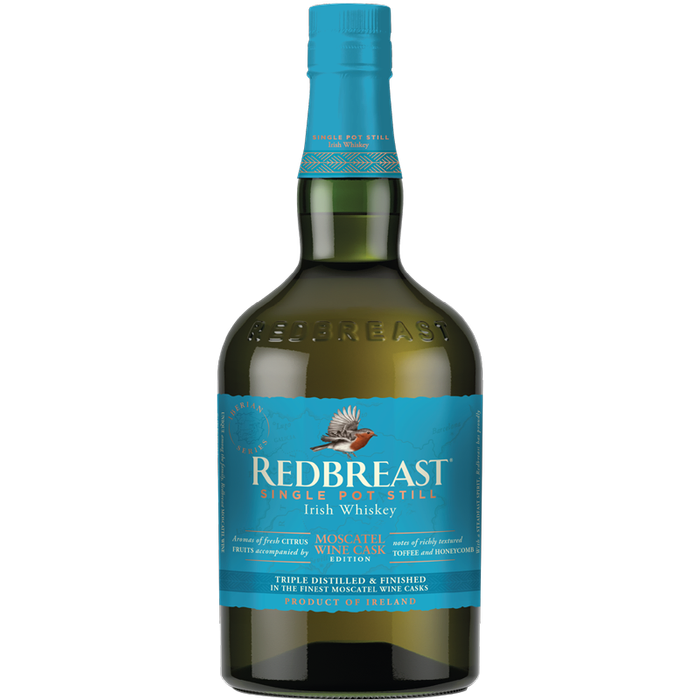 Redbreast Irish whiskey bottle with blue label on a white background