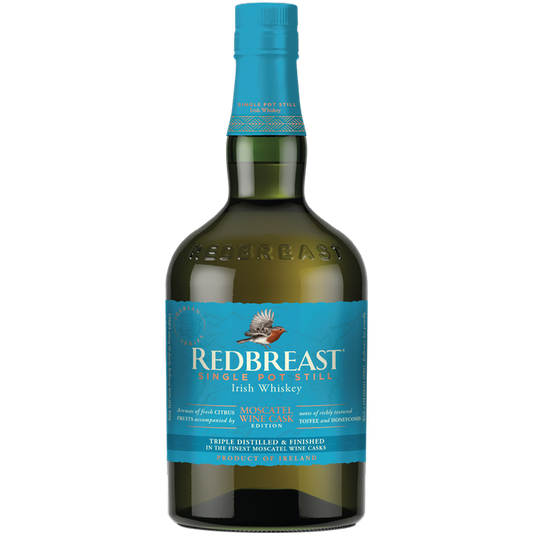 Redbreast Irish whiskey bottle with blue label on a white background