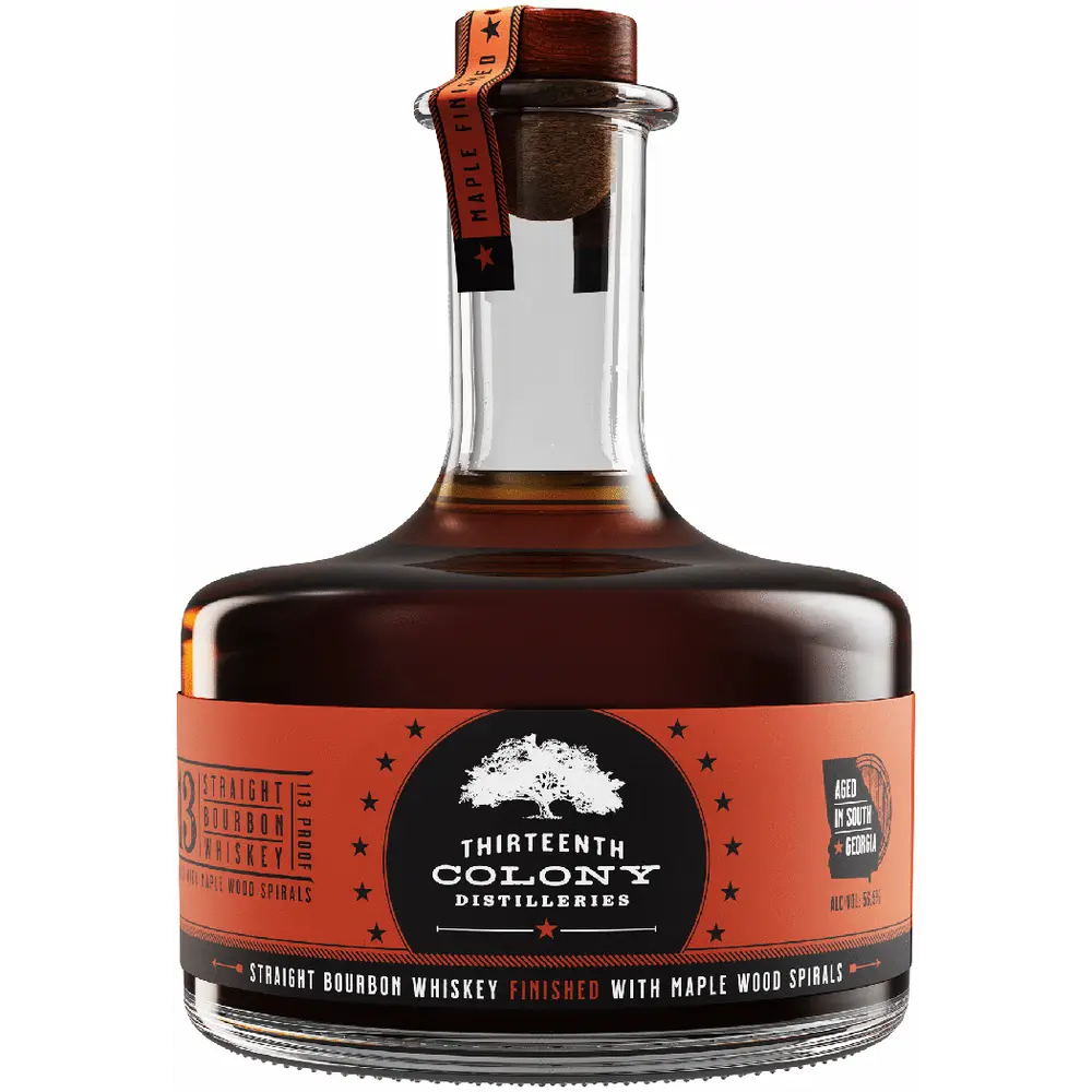 Bottle of Thirteenth Colony Straight Bourbon Whiskey on a white background
