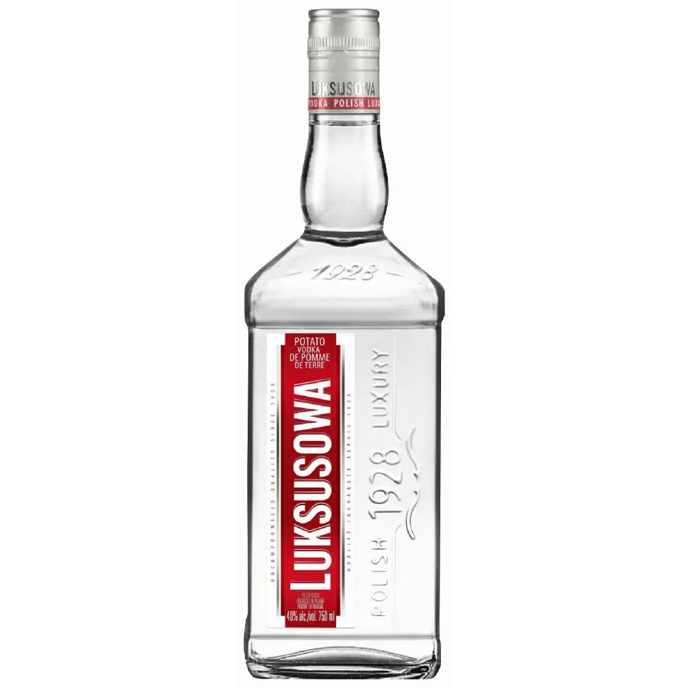 Clear bottle with red label on a white background