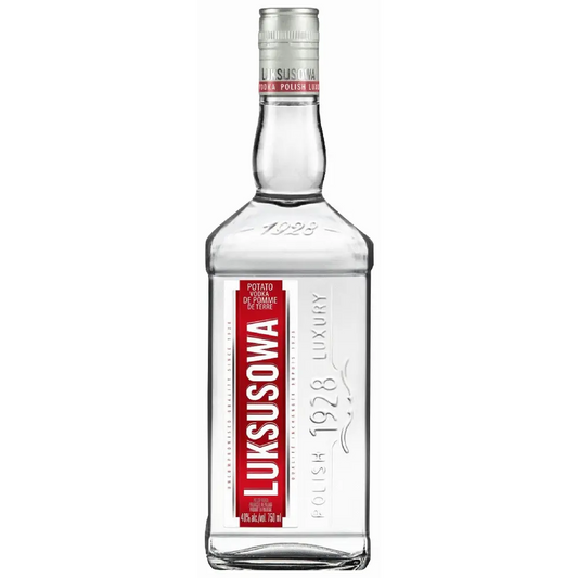 Clear bottle with red label on a white background