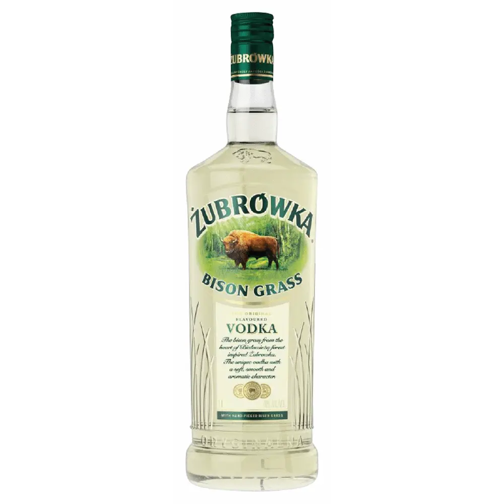 Zubrowka Bison Grass Vodka bottle on a white background