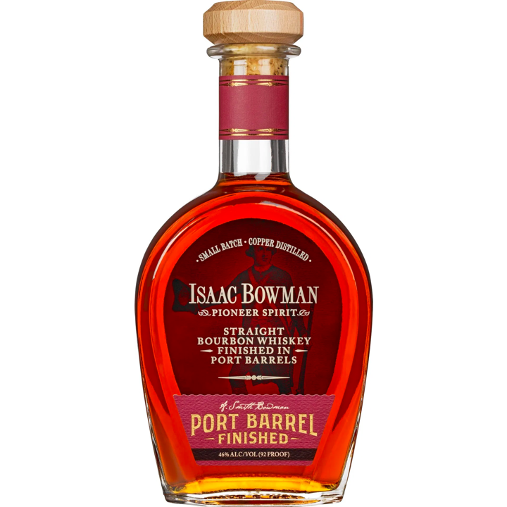 Bottle of Isaac Bowman bourbon whiskey on a white background