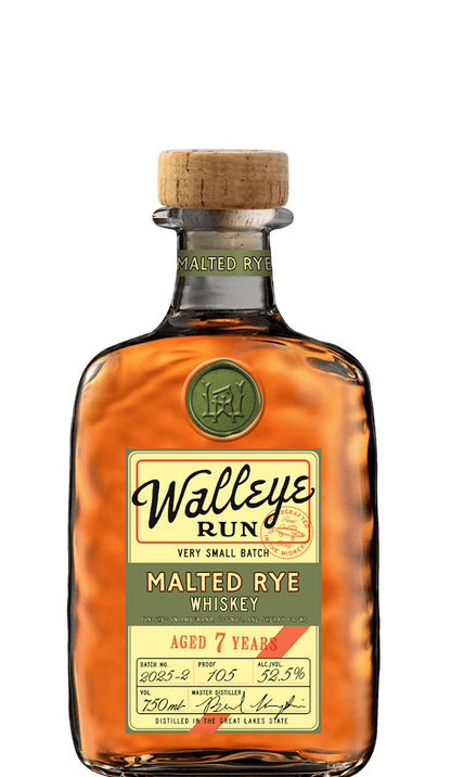 Bottle of Walleye Run Malted Rye Whiskey on a green background
