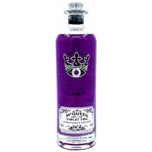 Purple bottle with a distinctive label on a white background