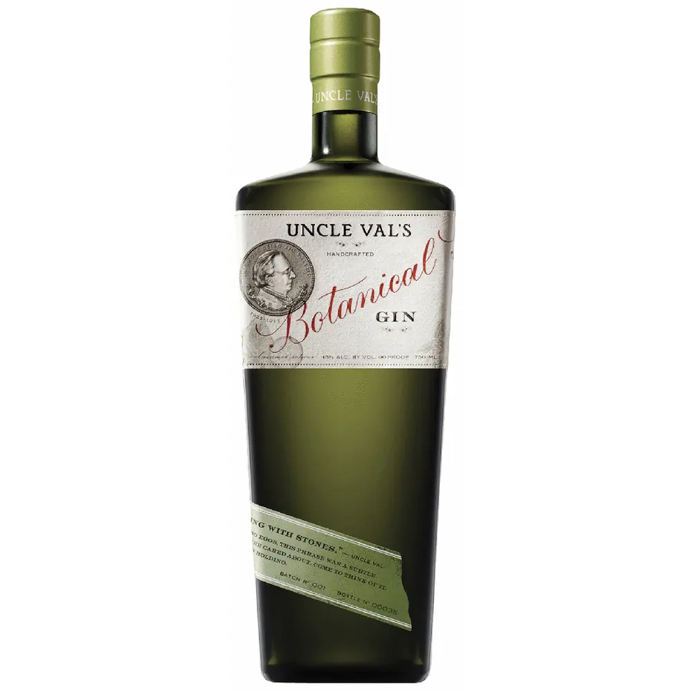 Uncle Val's Botanical Gin bottle on a white background