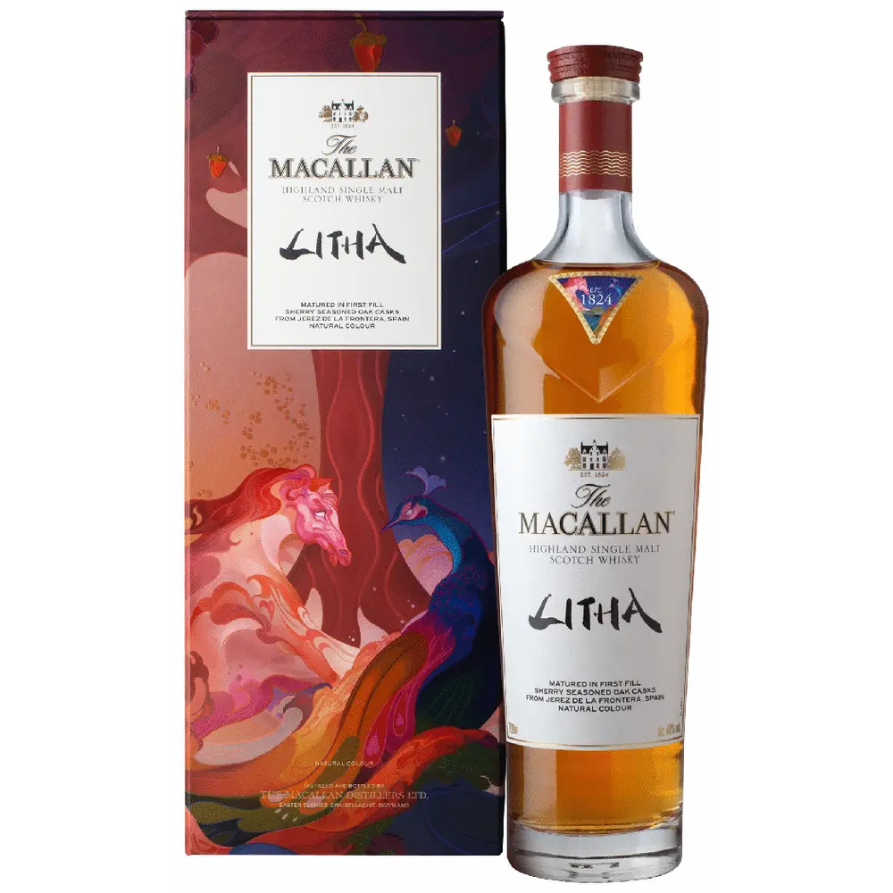 Macallan Litha whisky bottle and packaging with colorful design