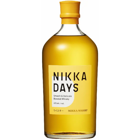 Nikka Days whiskey bottle with yellow label and cap on a white background