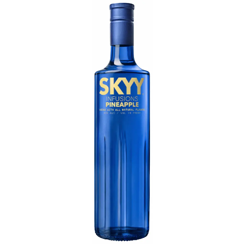 Blue bottle of Skyy Infusions Pineapple vodka on a white background