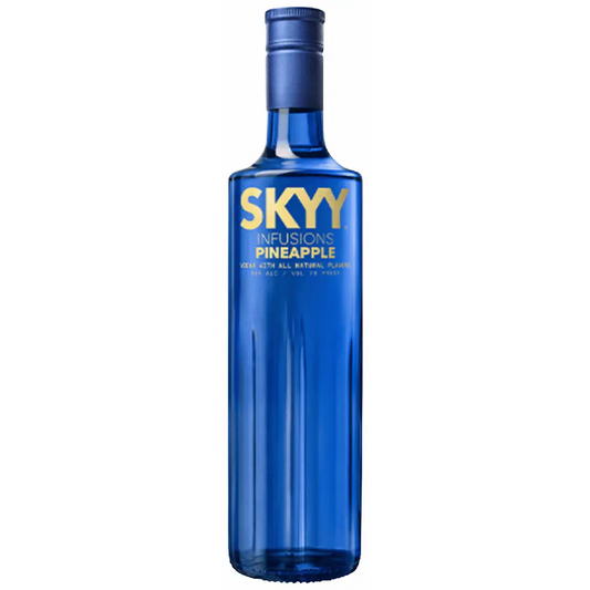 Blue bottle of Skyy Infusions Pineapple vodka on a white background