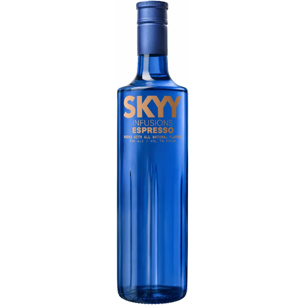Blue bottle of SKYY Infusions Espresso vodka on a white background