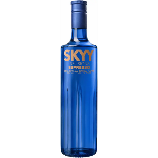 Blue bottle of SKYY Infusions Espresso vodka on a white background