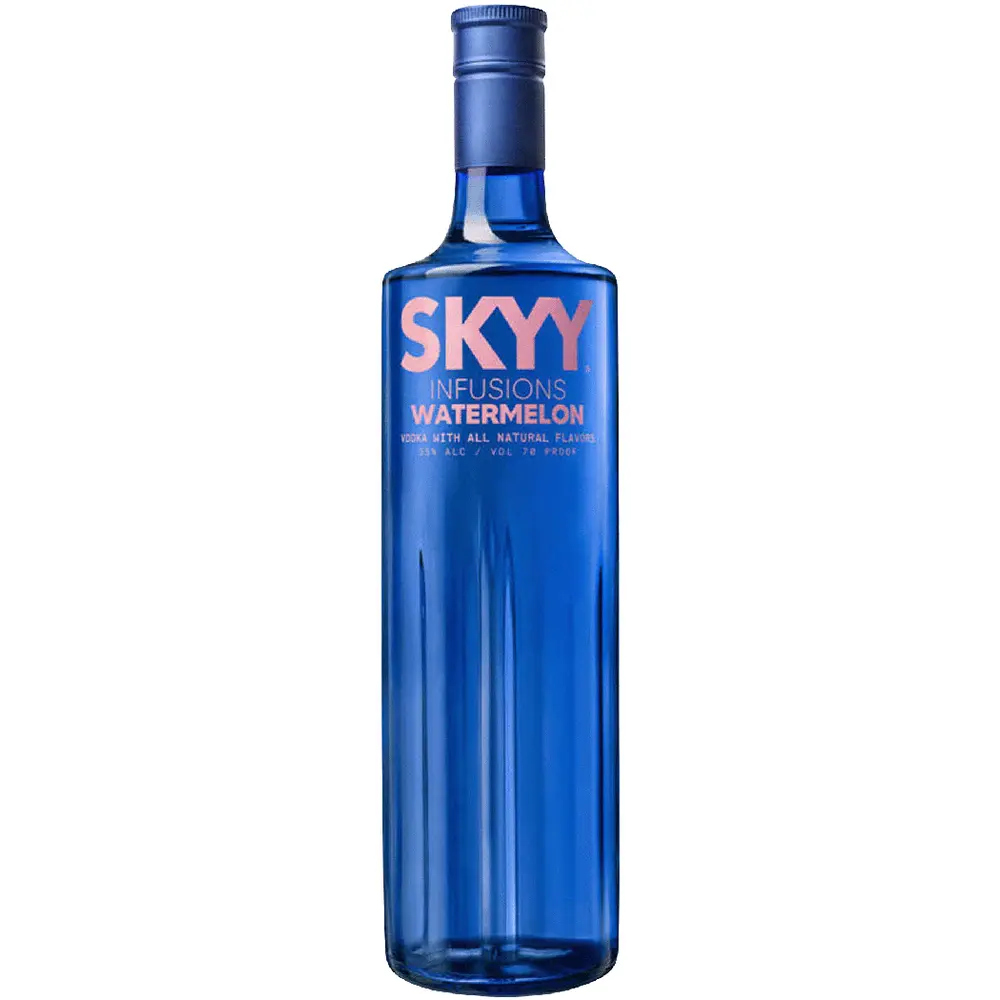 Blue bottle of Skyy Infusions Watermelon vodka on a white background