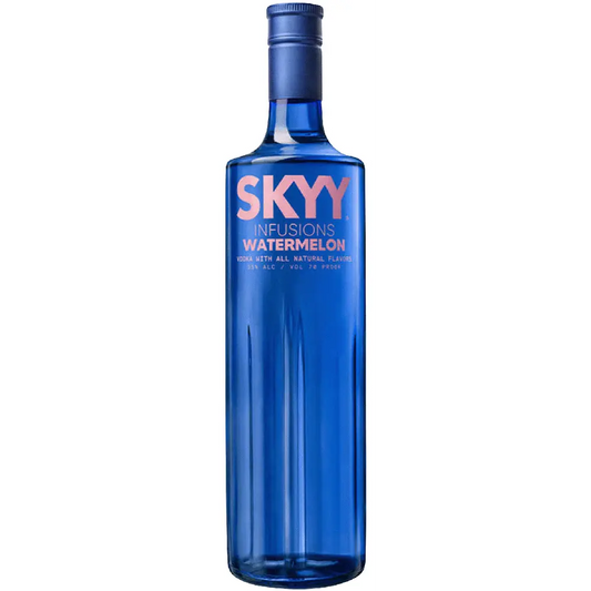 Blue bottle of Skyy Infusions Watermelon vodka on a white background