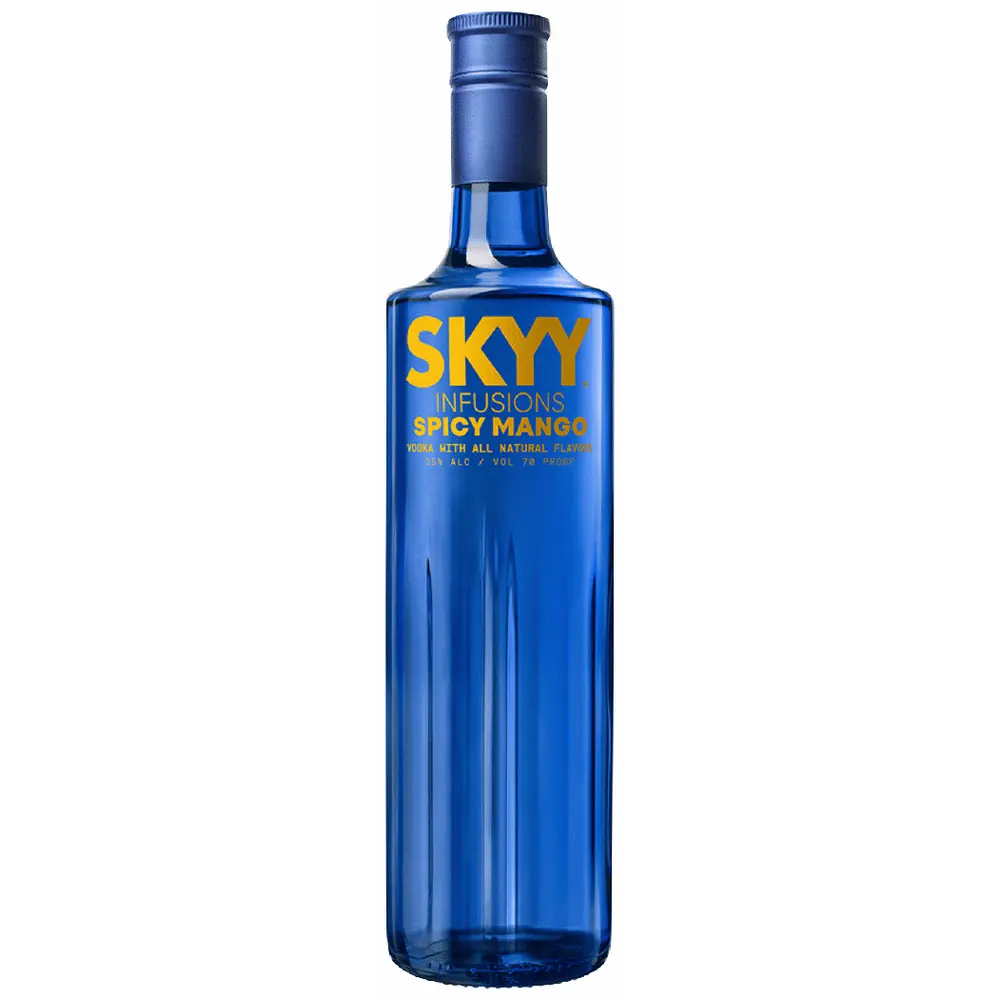 Blue bottle of SKYY Infusions Spicy Mango vodka on a white background