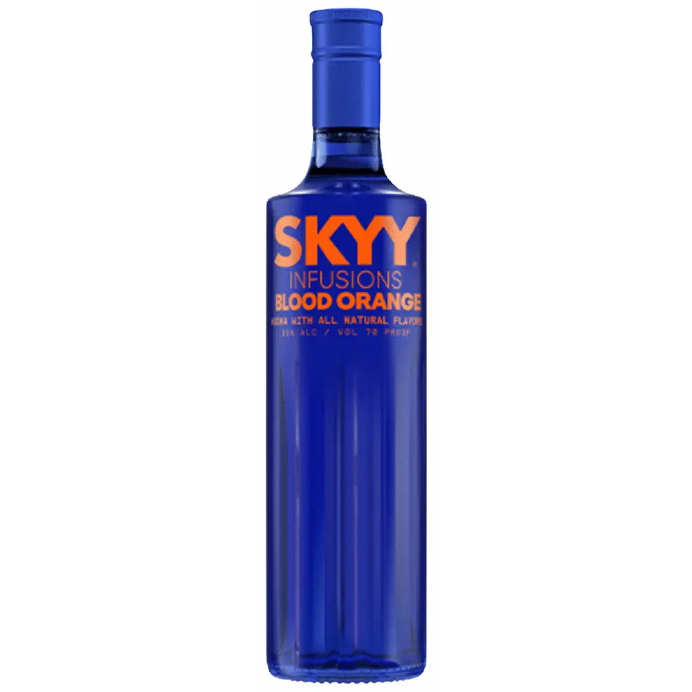 Blue bottle of SKYY Infusions Blood Orange vodka on a white background