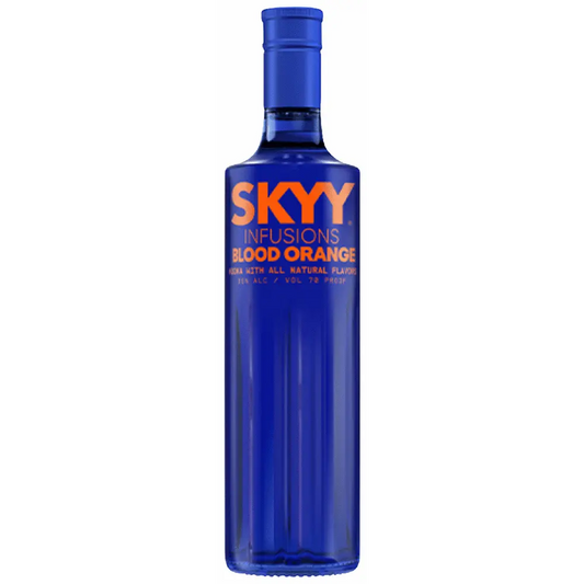 Blue bottle of SKYY Infusions Blood Orange vodka on a white background