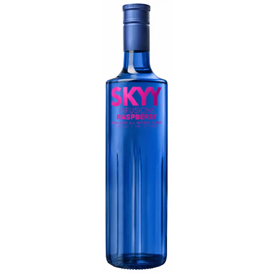 Blue bottle of Skyy Infusions Raspberry vodka on a white background