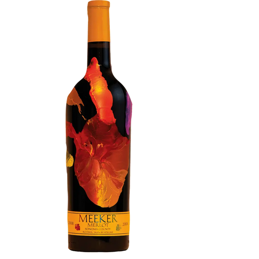 Wine bottle with colorful label on a white background