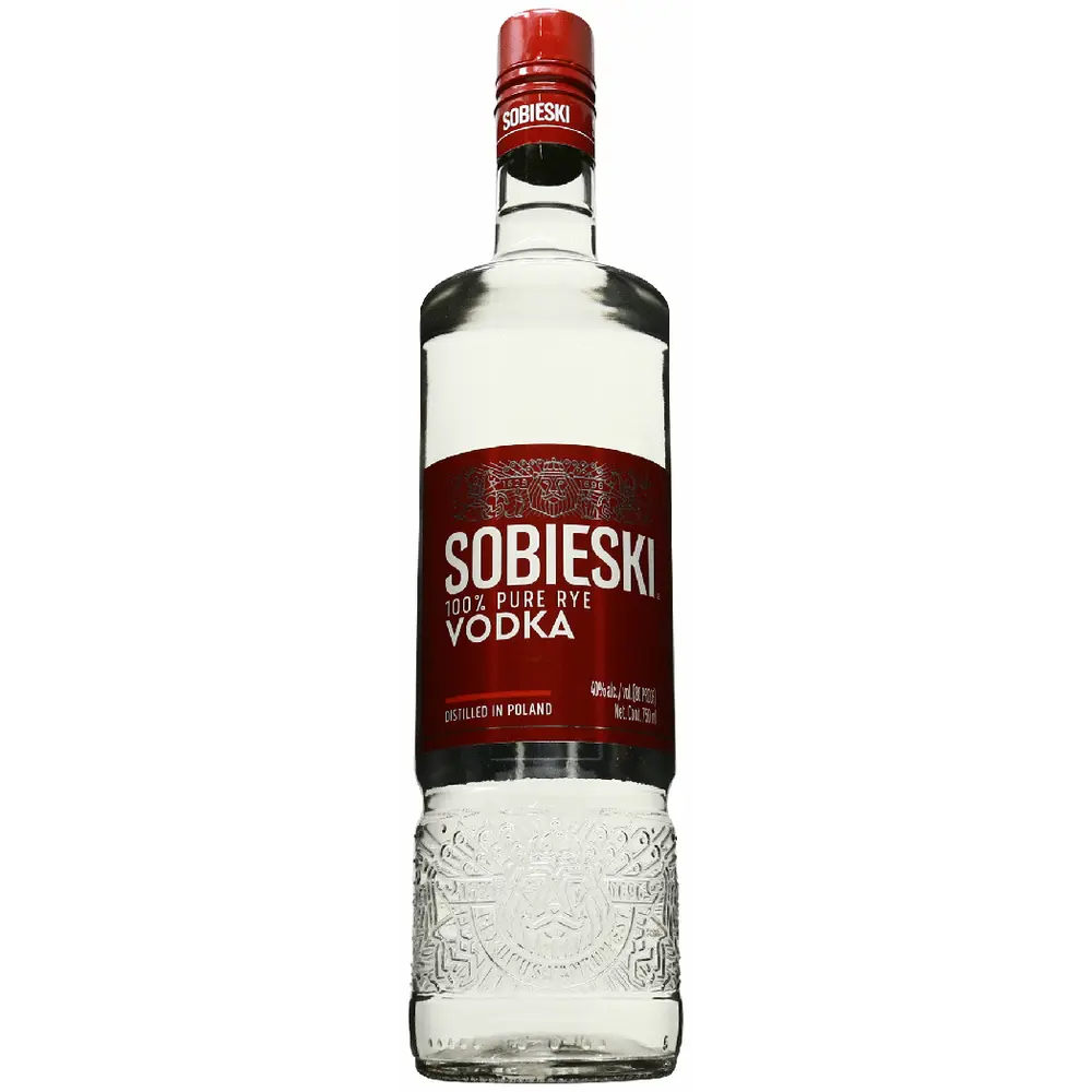 Sobieski vodka bottle with red label on a white background