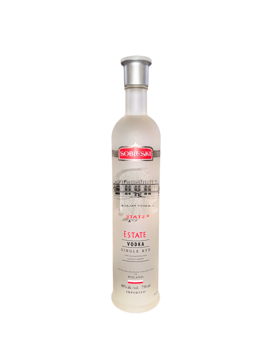 Sobieski Estate Vodka bottle on a white background