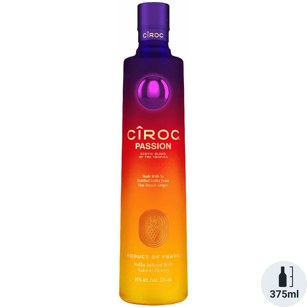 Ciroc Passion vodka bottle with gradient color on a white background