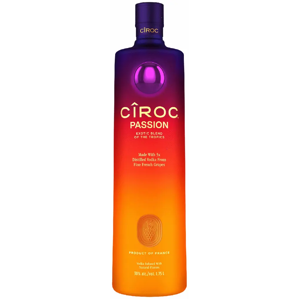 Ciroc Passion vodka bottle with gradient color from purple to orange on a white background