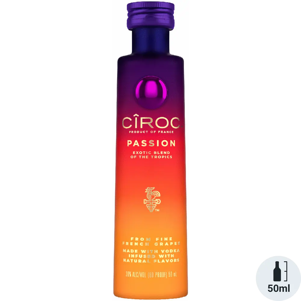 Ciroc Passion vodka bottle with gradient purple to orange design on a white background