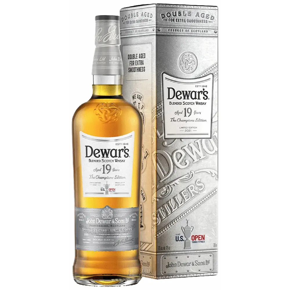 Dewar's 19-year-old whiskey bottle and packaging on a white background