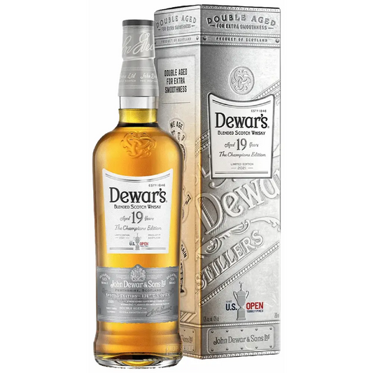 Dewar's 19-year-old whiskey bottle and packaging on a white background