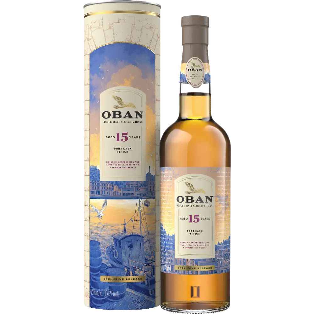 Oban 15-year-old whisky bottle and packaging on a white background