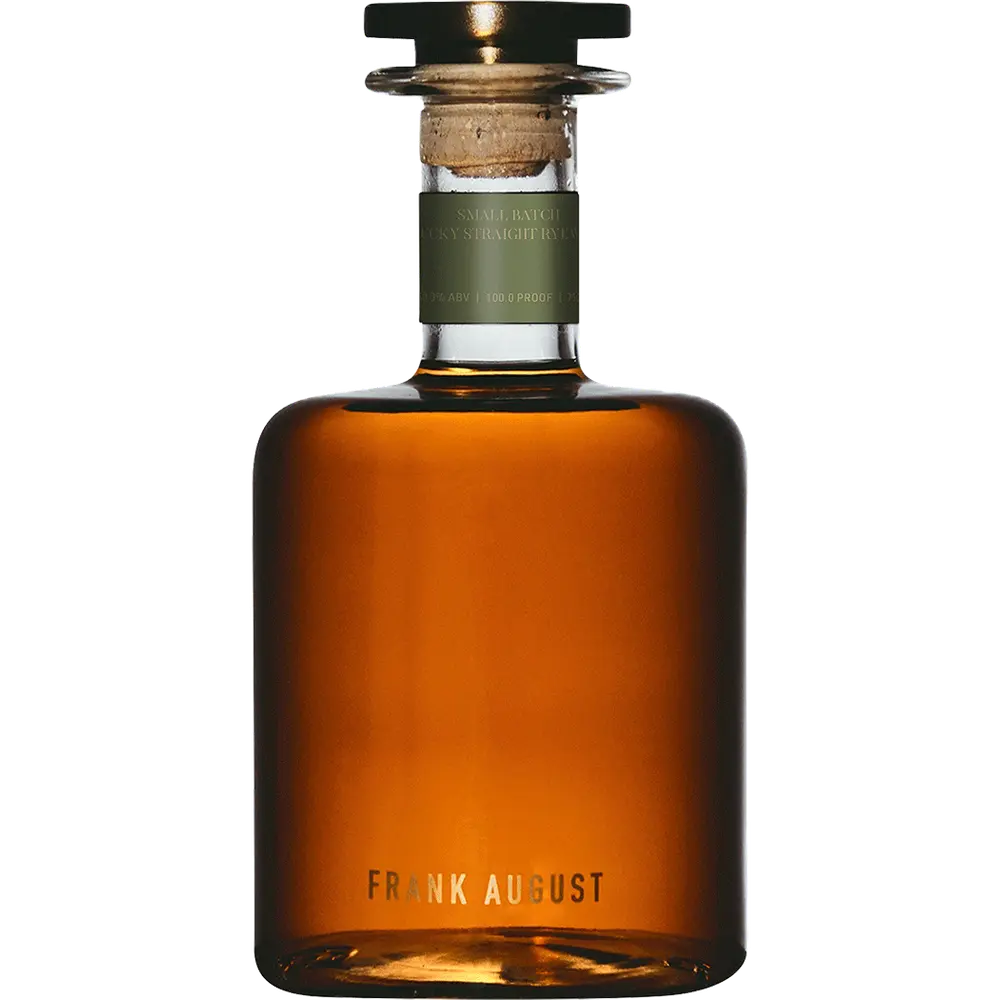 Brown glass bottle with cork stopper on a white background, featuring 'Frank August' branding.