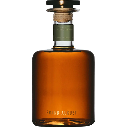 Brown glass bottle with cork stopper on a white background, featuring 'Frank August' branding.