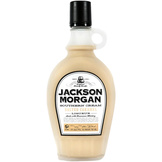 Bottle of Jackson Morgan Southern Cream Salted Caramel Liqueur on a white background