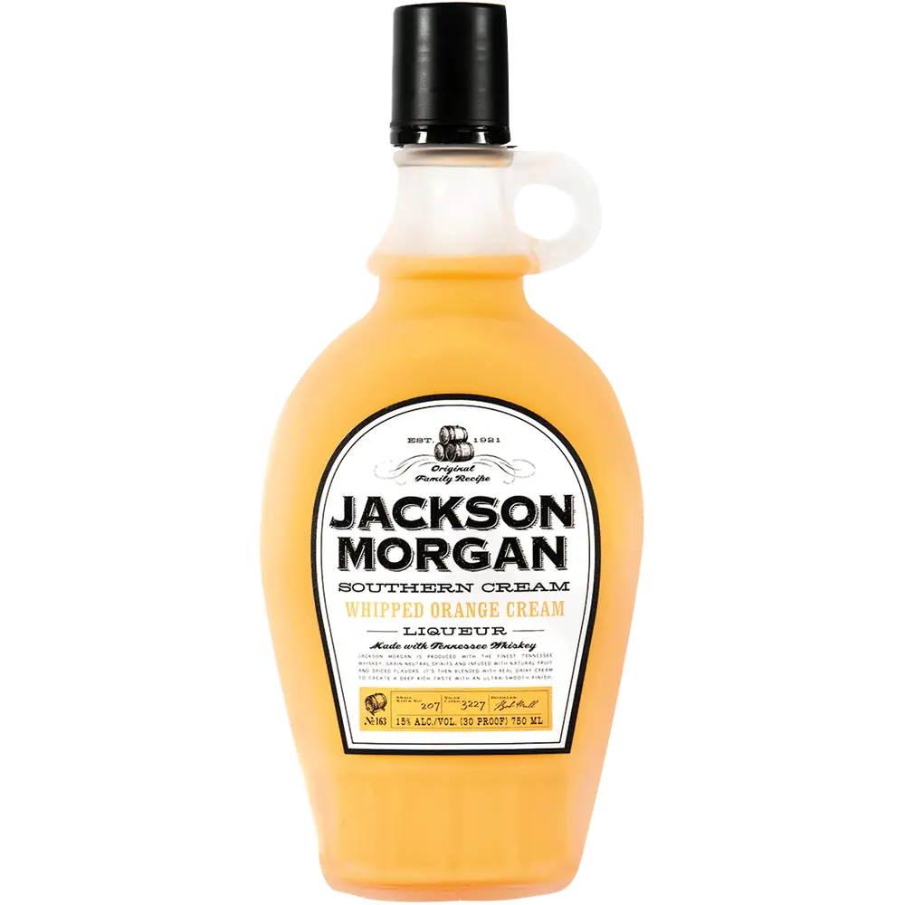 Bottle of Jackson Morgan Southern Cream Whipped Orange Cream Liqueur on a white background