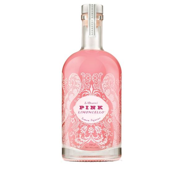 Pink limoncello bottle with decorative label on a white background