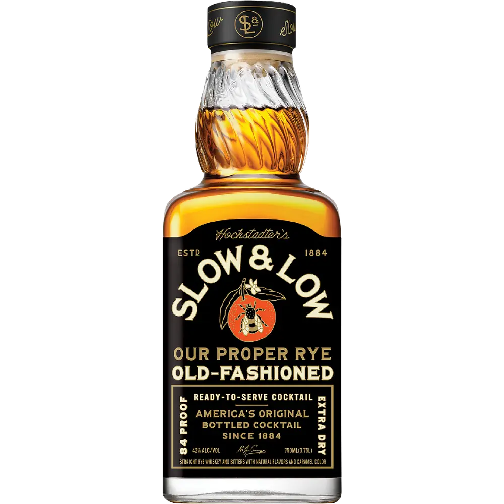 Bottle of Slow & Low Old-Fashioned cocktail on a white background