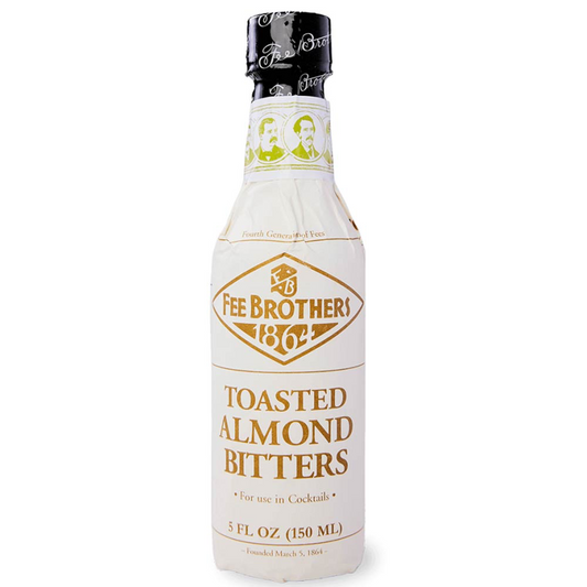 Bottle of Fee Brothers Toasted Almond Bitters on a white background