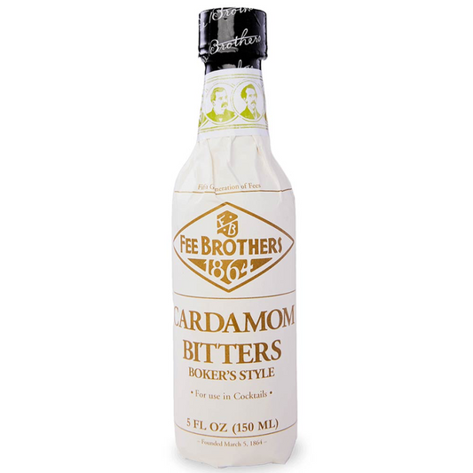 Bottle of Fee Brothers Cardamom Bitters on a white background
