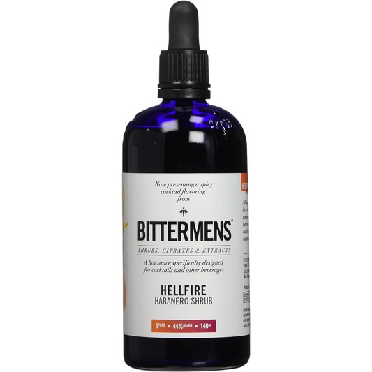 Bittermens Hellfire Habanero Shrub bottle with dropper on a white background